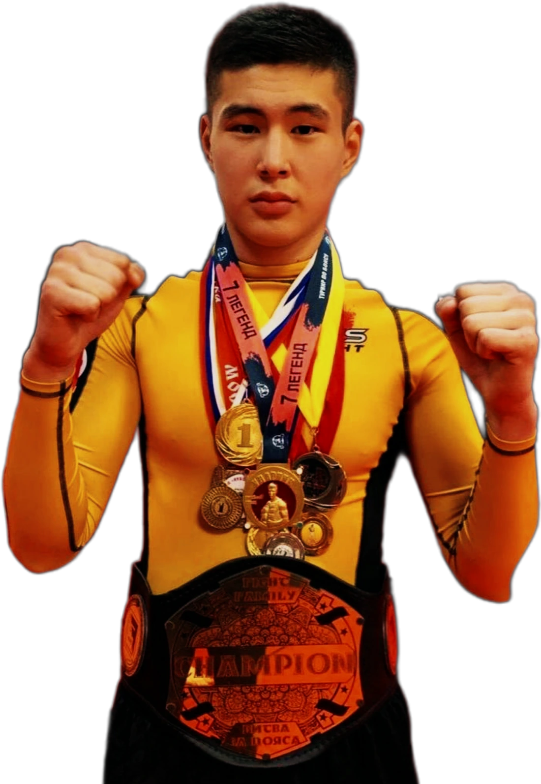 Жумагулов Бузу с медалями и чемпионскими поясами